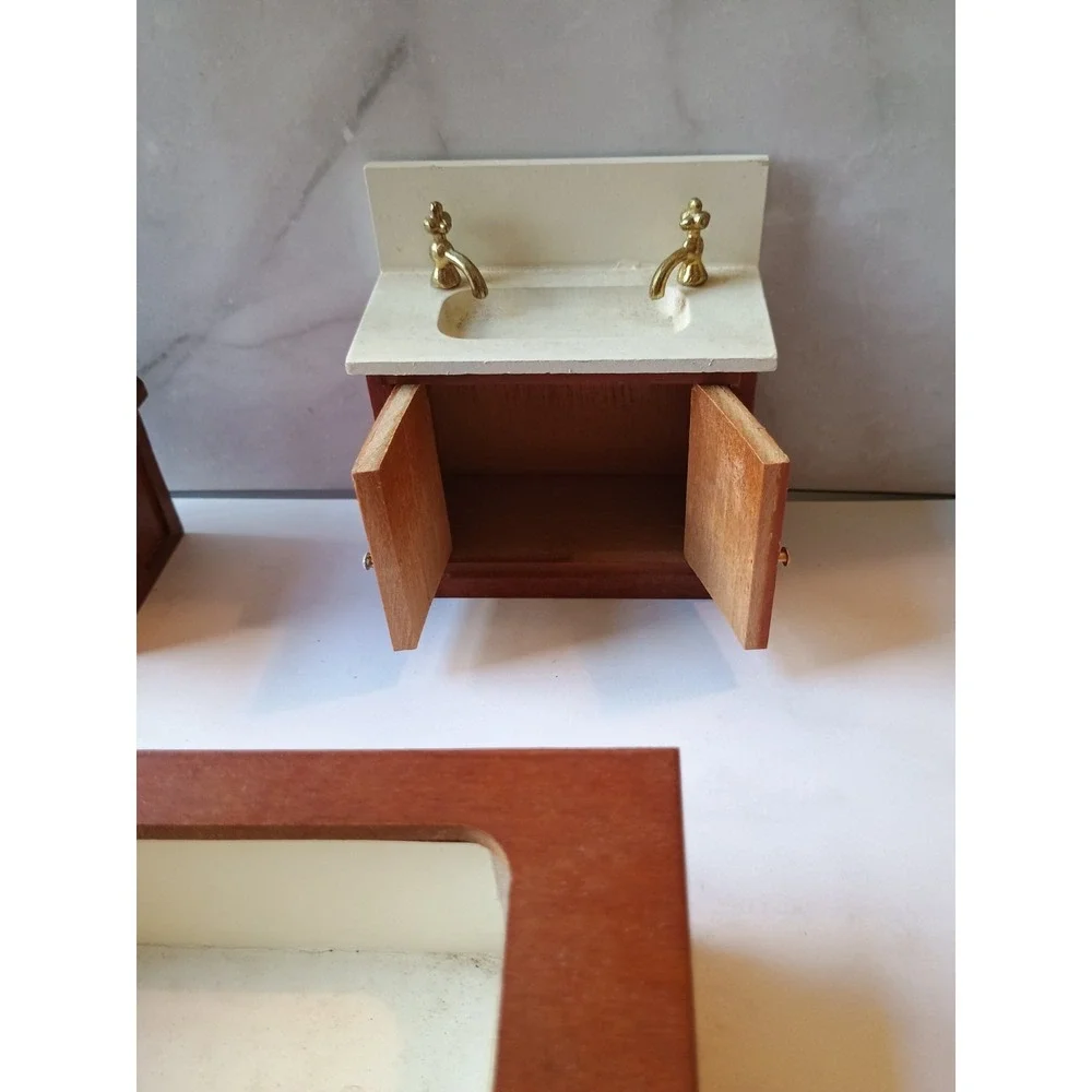 Vintage Wooden Dollhouse Miniature Bathroom Furniture Pieces Sink Tub &‎ Toilet